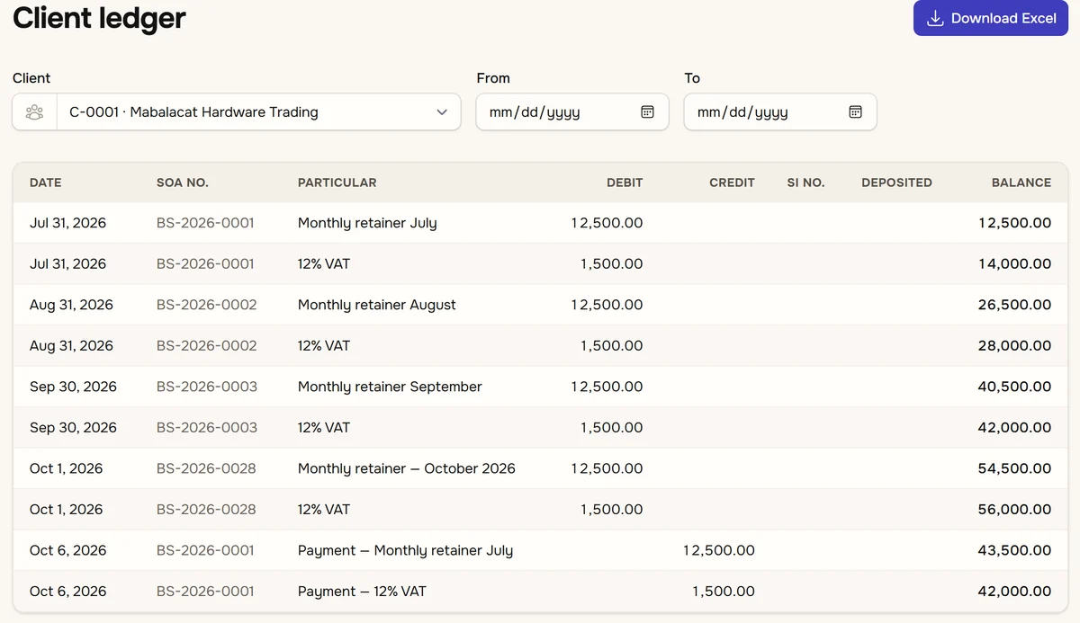 A client ledger listing statements and payments by date with debit, credit and running balance columns, and a download to Excel button.
