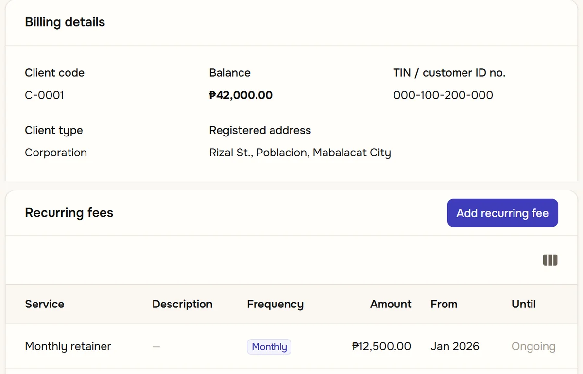 A client record trimmed to the client code, balance, TIN, type and address, above the client's recurring fee: a monthly retainer of ₱12,500.