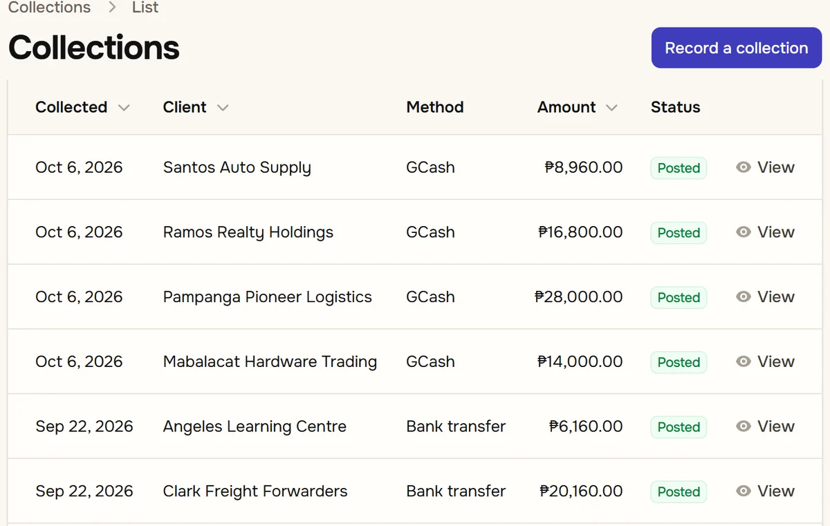 The collections list: each payment with its date, client, method (GCash or bank transfer), amount and a posted badge, and a button to record a collection.