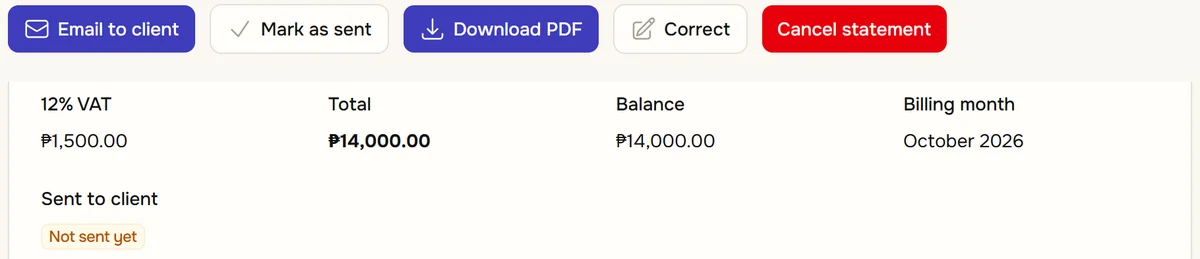 An issued statement: buttons to email it to the client, mark it as sent, download the PDF, correct it or cancel it, above its 12% VAT, total of ₱14,000 and a badge saying it has not been sent yet.