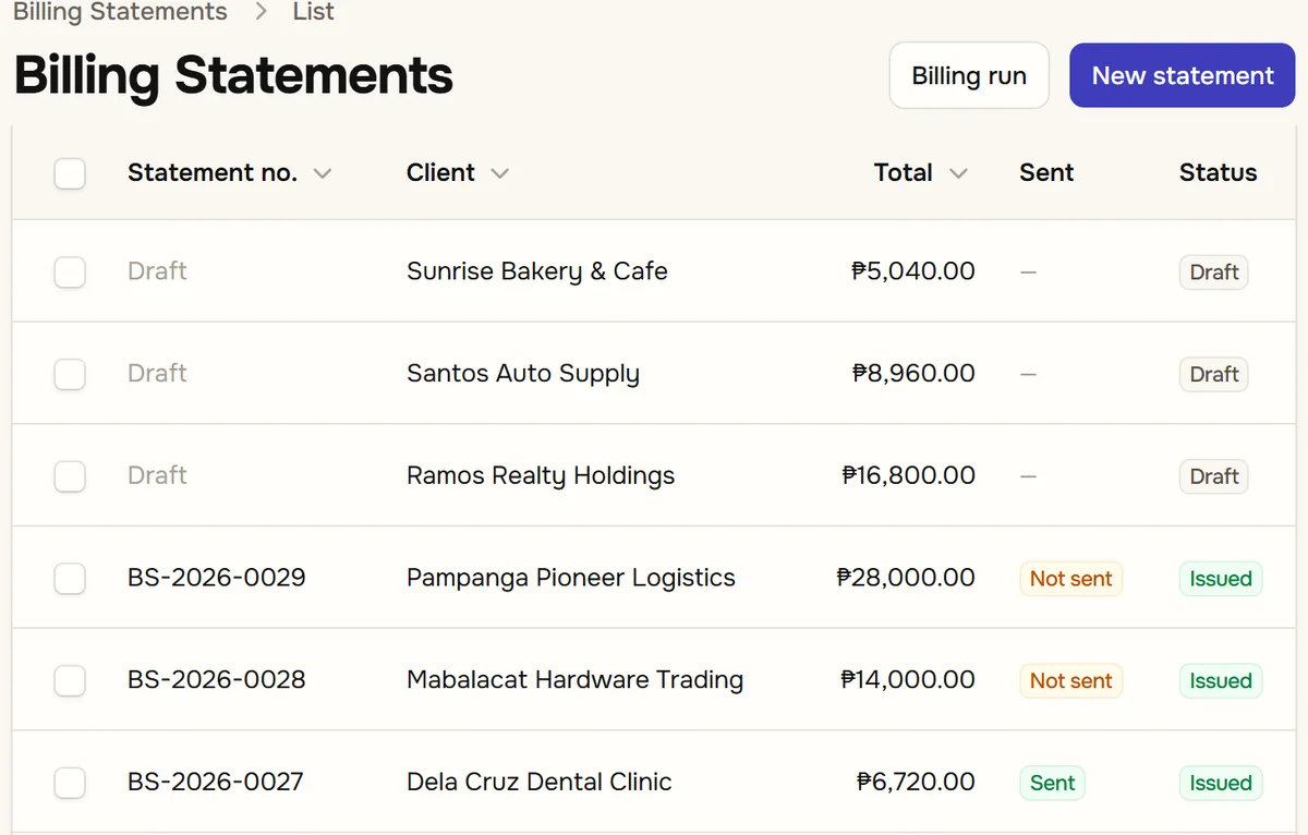 The billing statements list: three drafts waiting to be issued, then issued statements, each with its client, total, whether it has been sent and its status.