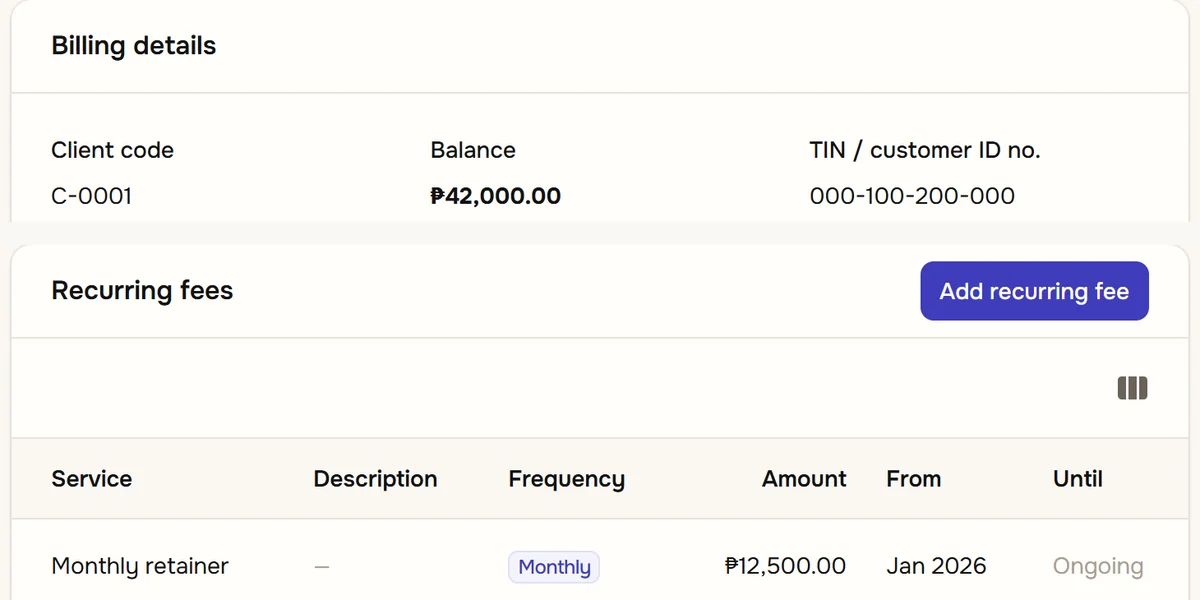 A client record in bilan: the client code, balance and TIN, above the client's recurring fee, a monthly retainer of ₱12,500.