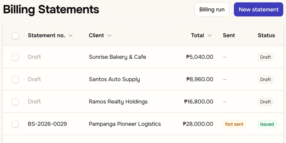 The billing statements list: three drafts waiting to be issued, then an issued statement, each with its client, total, whether it has been sent and its status.