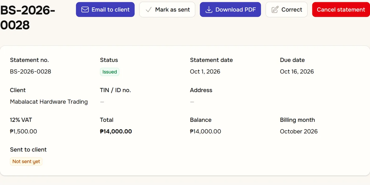 An issued statement: buttons to email it to the client, mark it as sent, download the PDF, correct it or cancel it, above its 12% VAT, total of ₱14,000 and a badge saying it has not been sent yet.