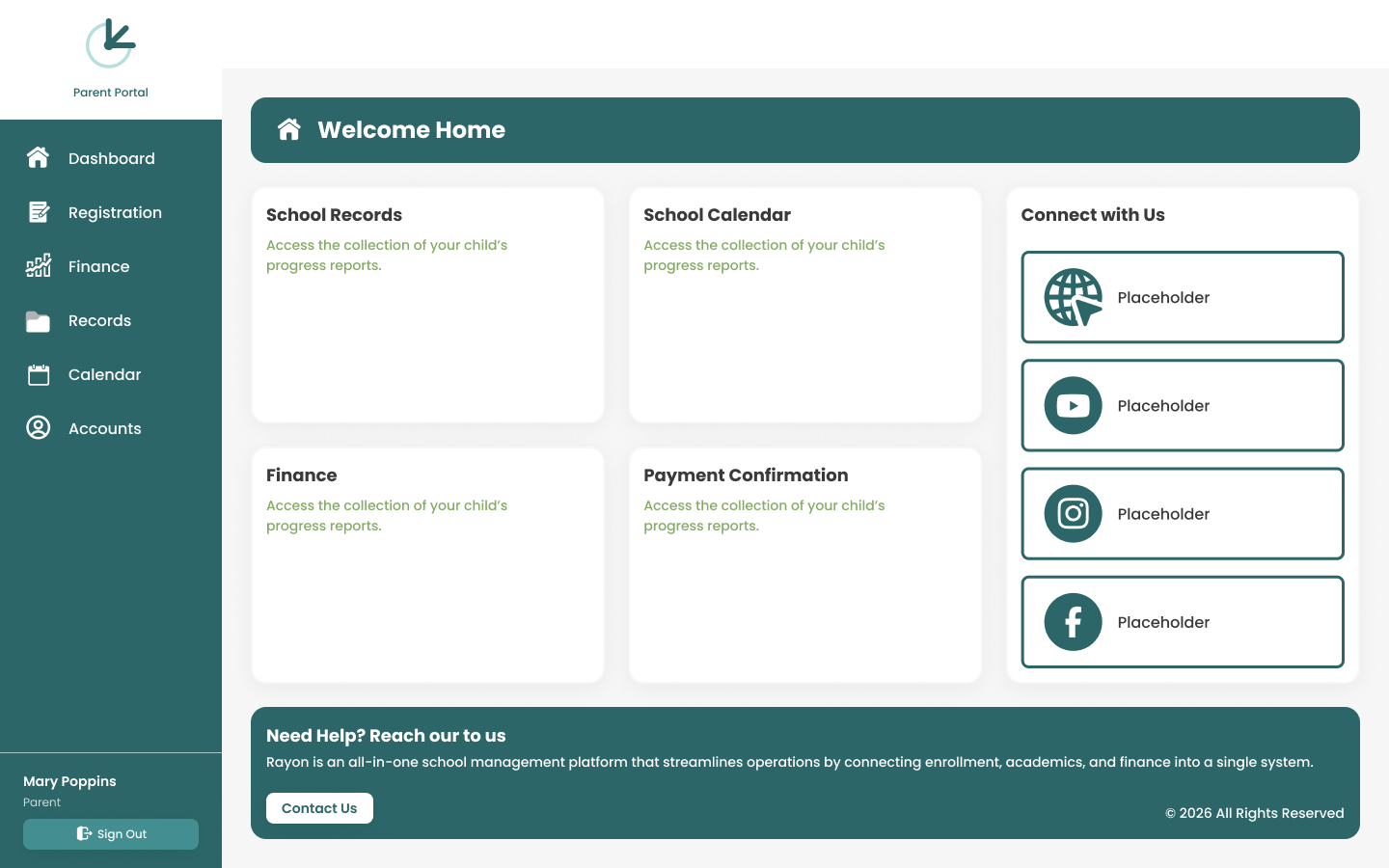 The rayon admin dashboard, showing enrollment, finance and calendar panels.